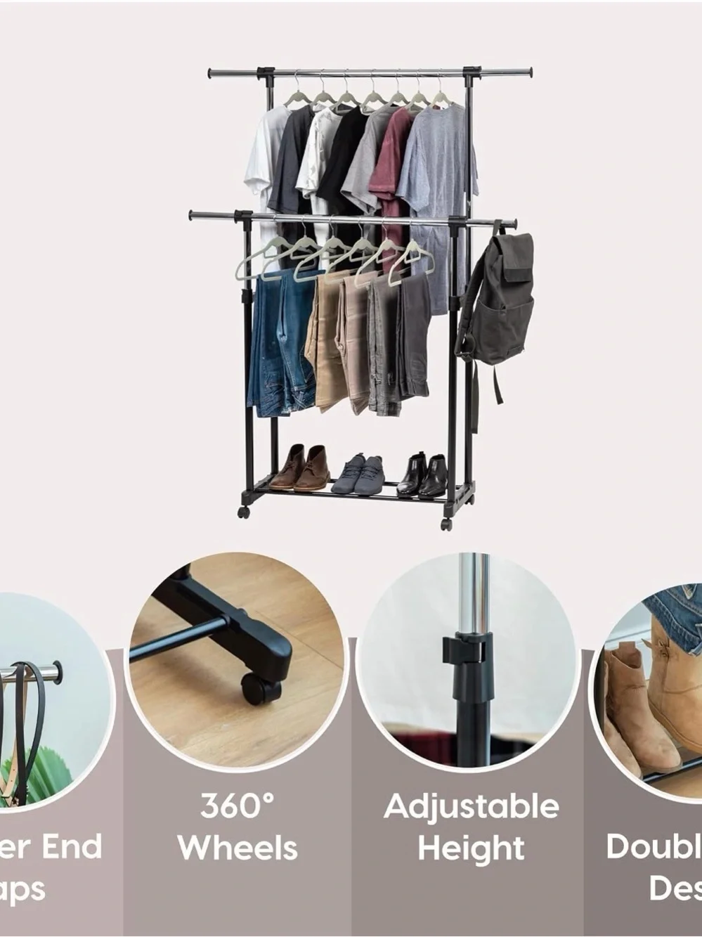 IRIS USA Portable Double-Rod Height Adjustable Clothes Rack with Extendable Bar